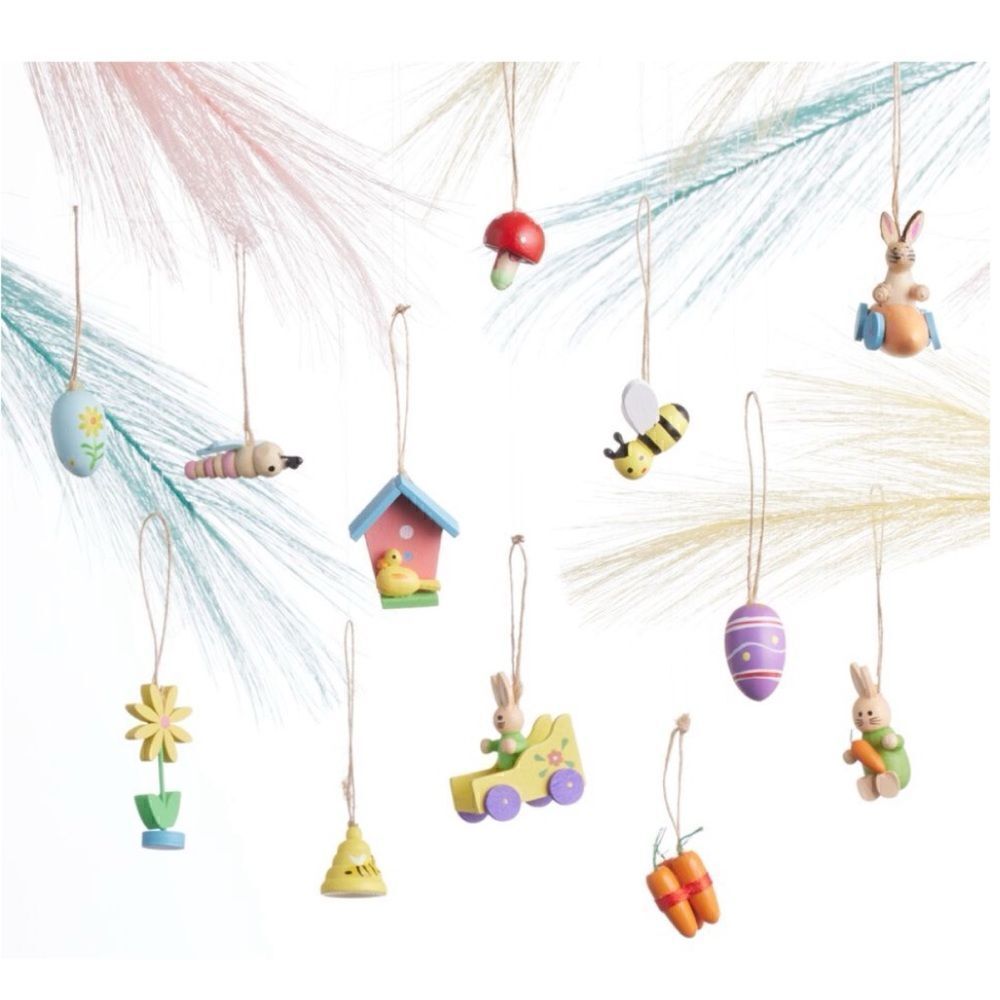 Rare -Wood Easter Icons Boxed Ornaments 12 Pack by World Market / NWB